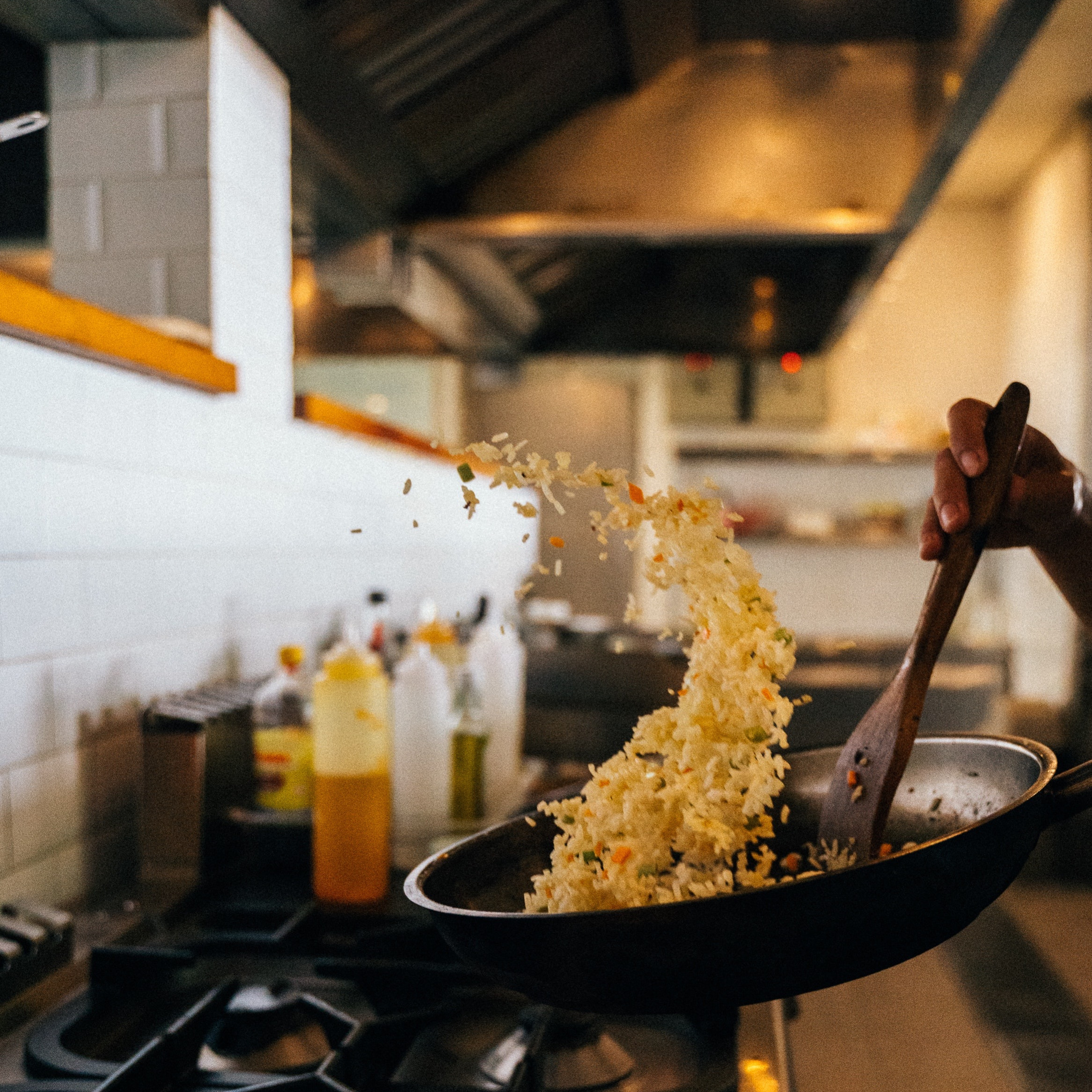 Rice in a frying pan.